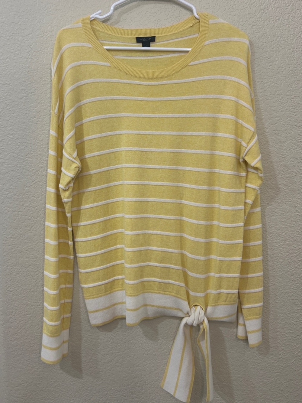 Ann Taylor Factory Yellow and White Striped Crewneck Sweater